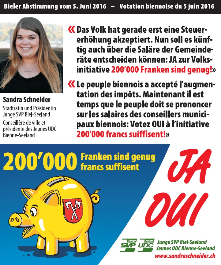 JA zur Bieler Volksinitiative "200'000 Franken sind genug!"
